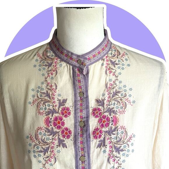 Anthropologie Let Me Be Letmebe Long Sleeve Cream Boho Pastel Cotton Blouse S - Picture 9 of 10